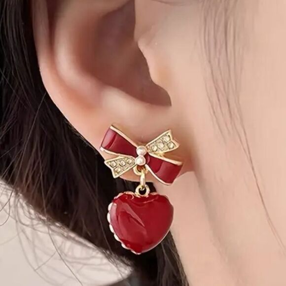 💲6️⃣ Bundled ✔️Bauble Heart-Shaped Dangle Red Gold Heart Earrings - Picture 6 of 10